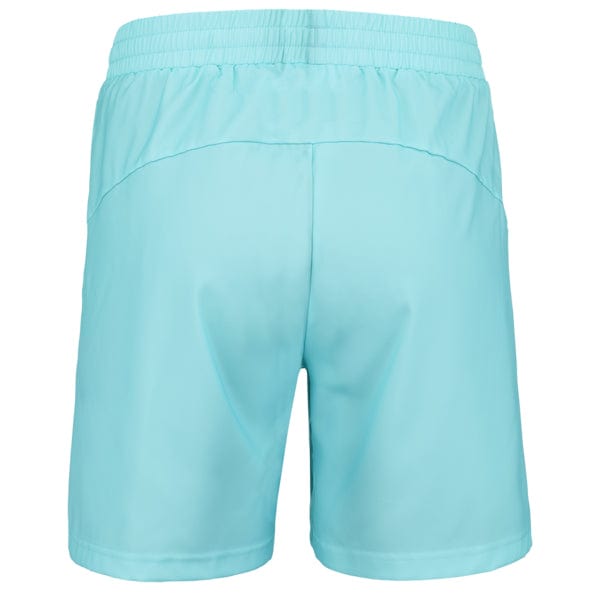 View of the back of Angel Blue Babolat Play Men's Tennis Shorts, showcasing an elastic waistband. The smooth and slightly reflective FIBERDRY fabric is ideal for moisture management. A seam runs horizontally across the upper back, enhancing 360 MOTION flexibility on the court.