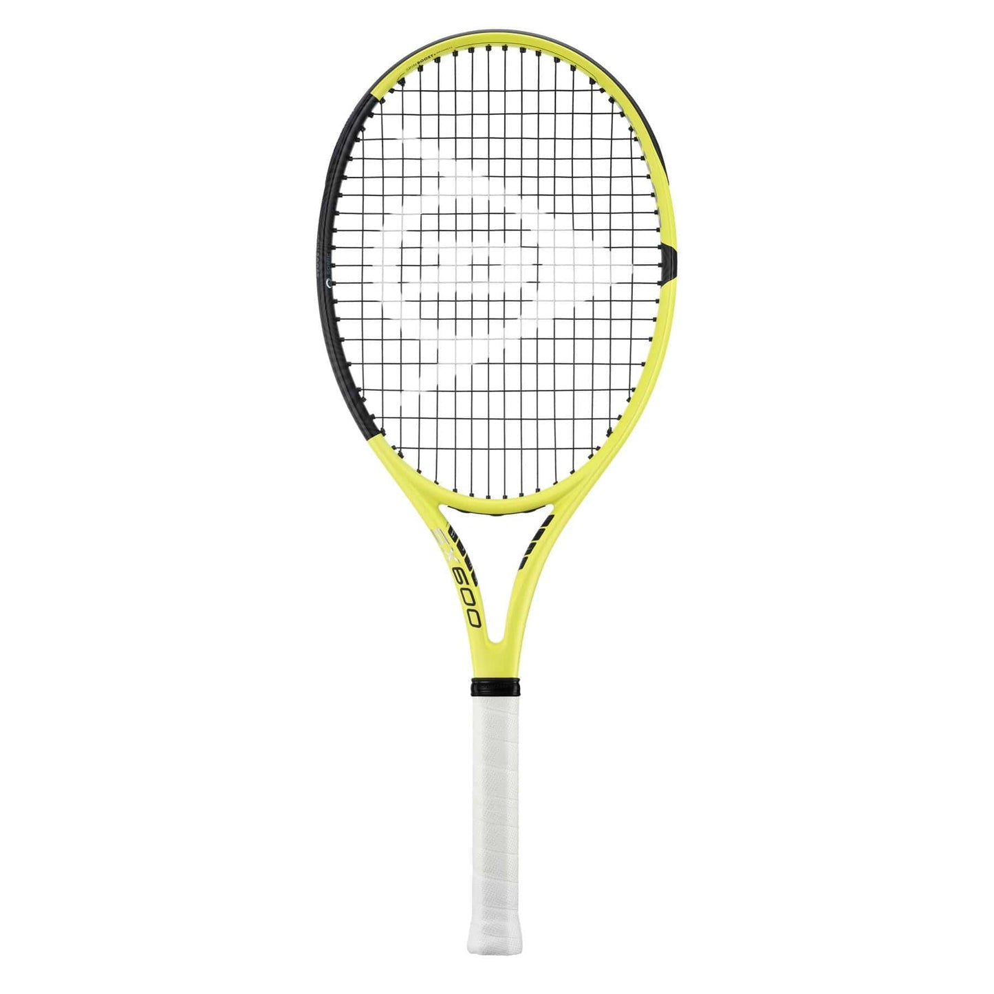 The Dunlop SX 600 Tennis Racket - Yellow / Black (Frame Only) from Dunlop showcases a stylish yellow and black appearance paired with a white grip. Its crisscross strings and Spin Boost+ Grommets are designed to enhance functionality, while the frame features understated black branding elements, delivering optimal performance on the court.
