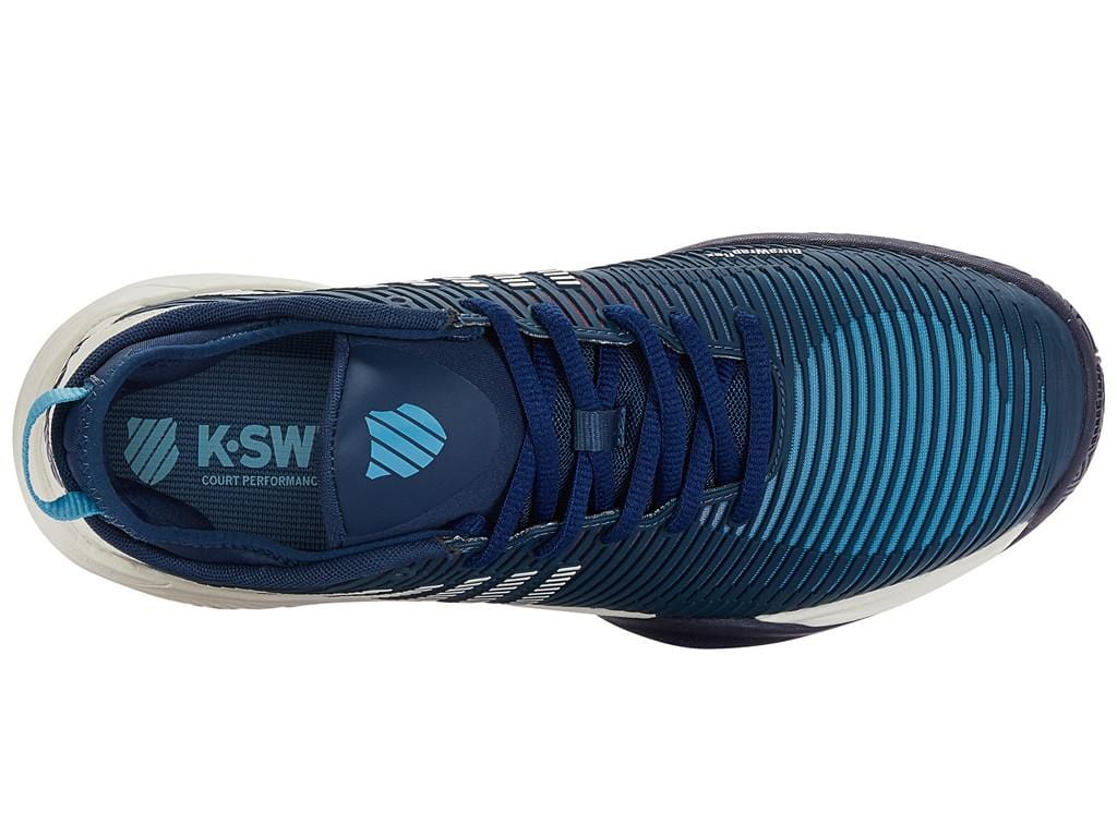 This is a top view of the K-Swiss Hypercourt Supreme Men's Tennis Shoes in Blue Opal, White, and Lollipop. The shoe has a striped pattern on the upper, features a padded heel and laces, with visible branding inside reading "K-Swiss." It also incorporates DragGuard 7.0 technology for enhanced durability and comes with a white sole.