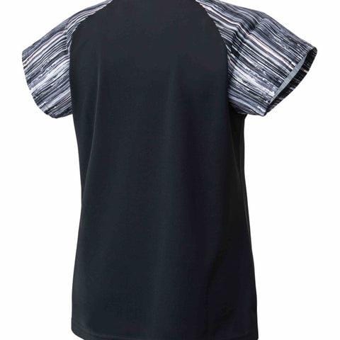 Introducing the Yonex 16574 Women's T-Shirt - Black: a short-sleeved shirt made from sweat-absorbing, quick-dry fabric. The gray and white sleeves feature a striped, abstract design. Photographed against a white background, this tee seamlessly combines style with performance.