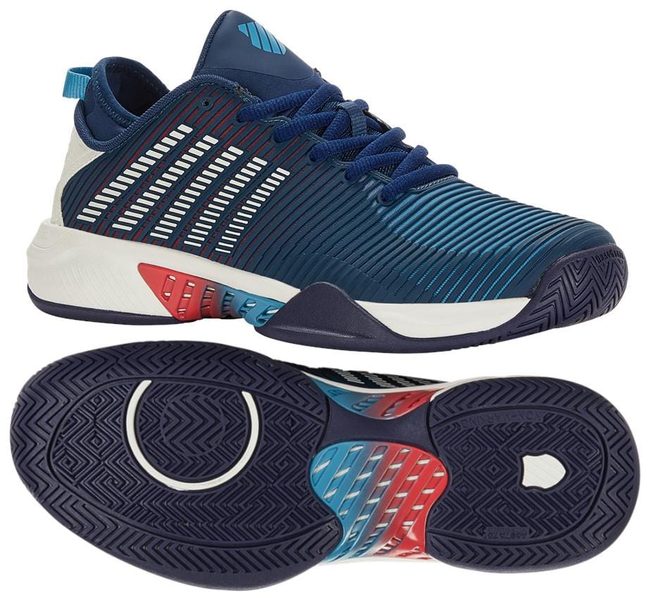 Introducing the K-Swiss Hypercourt Supreme Men's Tennis Shoes, featuring a dynamic blue opal upper with white and lollipop accents on the sole. The design includes stylish striped details and a grip-enhancing circular pattern to ensure superior performance for athletes.