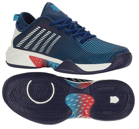 Introducing the K-Swiss Hypercourt Supreme Men's Tennis Shoes, featuring a dynamic blue opal upper with white and lollipop accents on the sole. The design includes stylish striped details and a grip-enhancing circular pattern to ensure superior performance for athletes.
