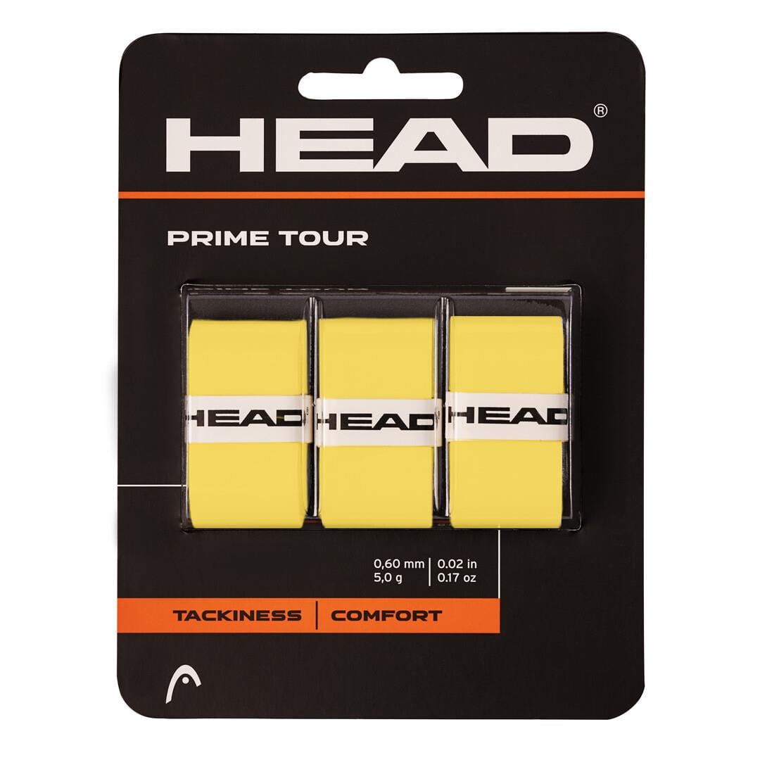 The packaging of the HEAD Prime Tour Tennis Overgrip (3 Pack) - Yellow showcases three vibrant grips, highlighting their exceptional tackiness and comfort. Each grip prominently features the HEAD logo, underscoring their design for serious players prioritizing performance and style.