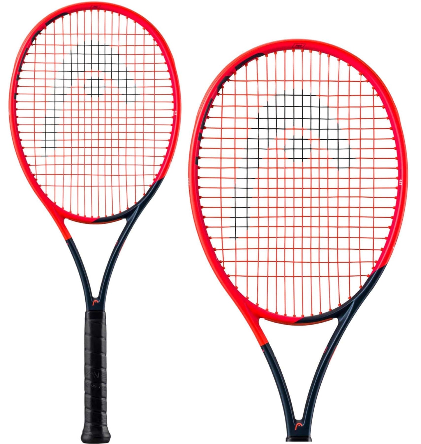 Two HEAD Radical Pro 2023 tennis rackets in vibrant orange and navy blue feature black handles and proudly display the brand logo woven into the strings. These sleek frames, incorporating advanced Graphene and Auxetic technology, are designed for top-notch performance and boast a contemporary look.