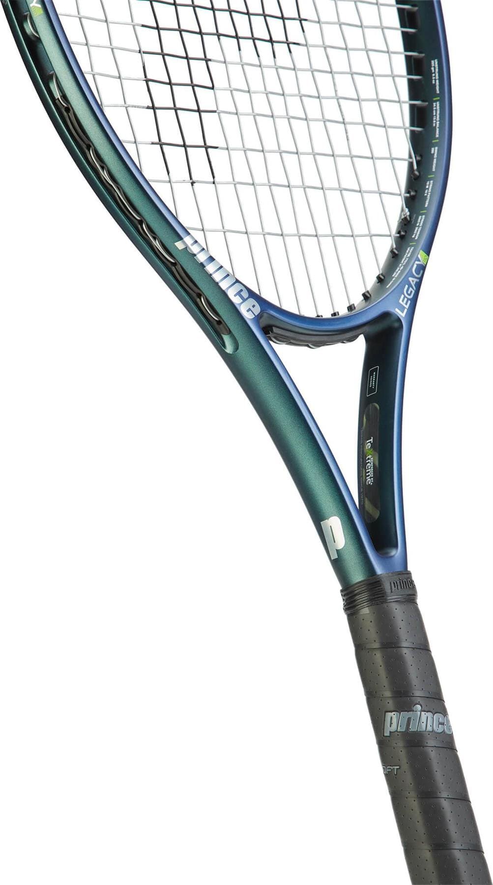 Close-up of a blue and black Prince O3 Legacy 110 270g tennis racket, showcasing advanced TeXtreme technology. The frame is elegantly inscribed with the word "Legacy," providing a large sweetspot. The handle is wrapped in black grip tape, and the strings form a tightly woven network for precision play.