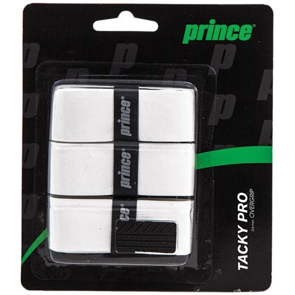 The Prince Tacky Pro Tennis Overgrip - White (3 Pack) from Prince is elegantly presented in a sleek black and green package, featuring three white overgrip tapes designed for sports equipment to ensure a comfortable grip.