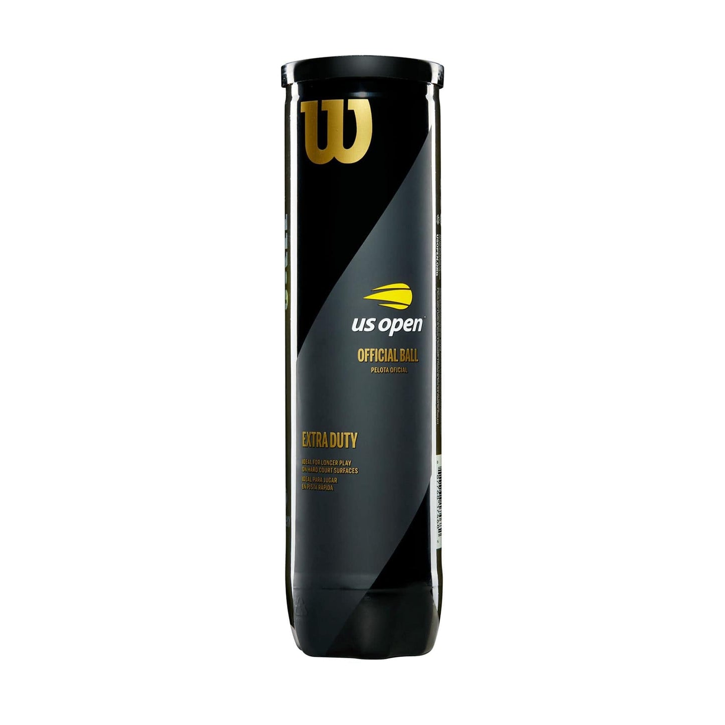 A tube of Wilson US Open Official Tennis Balls contains four balls and boasts a sleek black and gold design. The label indicates "Official Ball, Extra Duty," guaranteeing peak performance on hard court surfaces.
