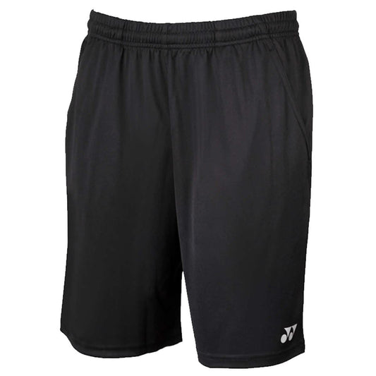 The Yonex YS2000EX Men's Shorts in black are made from sweat-absorbing polyester and feature an elastic waistband along with convenient side pockets, highlighted by a discreet logo on the lower left leg.