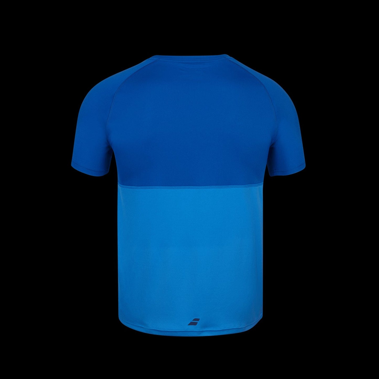 Introducing the Babolat Play Crew Neck Men's Tennis T-Shirt in Blue Aster, a short-sleeve shirt crafted from Fiber Dry-polyester for ultimate comfort. It features a two-tone design with a darker blue upper section and a lighter blue lower section set against a black background. The shirt includes a small logo at the back near the bottom hem, making it perfect sport clothing.