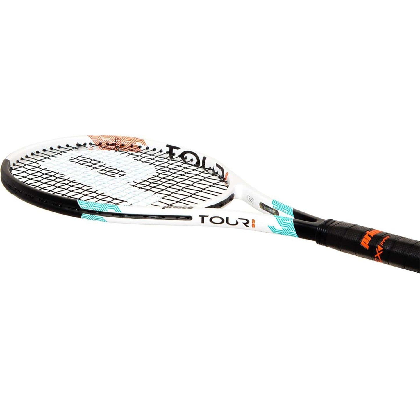 Here's a close-up view of the Prince Tour 95 320g Tennis Racket by Prince, highlighting its advanced-level design complete with strings and branding. The racket showcases a sleek black, white, and orange color palette accentuated by turquoise details. It is equipped with a comfortable black grip on the handle.