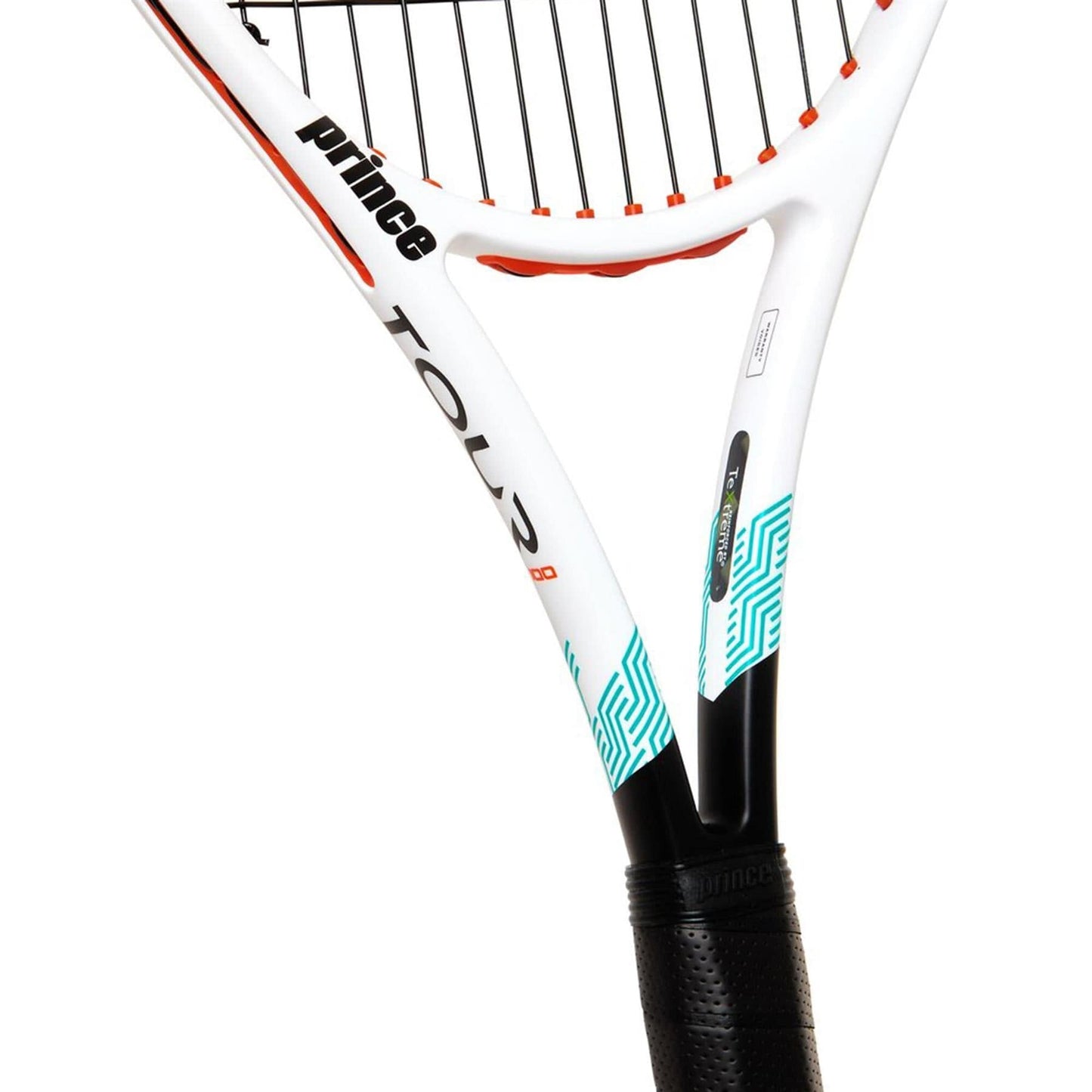 A close-up shot of the Prince Tour 100 290g Tennis Racket highlights its potent power and precision. The frame is emblazoned with the brand name "Prince" and the model "Tour." The handle is wrapped in black grip tape for enhanced control and feel, while the tightly strung strings stand out prominently.