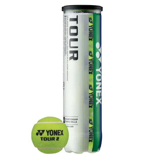 A tube of Yonex Tour Pressurised Tennis Balls, containing four balls with one positioned outside the container. These bright yellow balls, marked with the Yonex logo and branded "TOUR 2," are designed for ATP World Tour events.