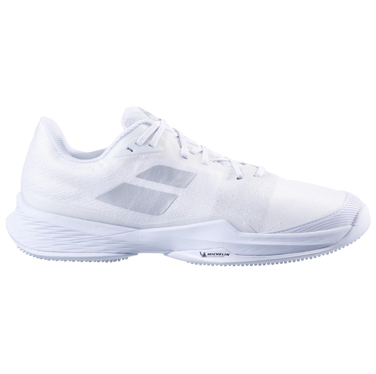 The Babolat Jet Mach 3 Grass Court Women's Wimbledon Tennis Shoes in White/Silver boast a sleek design with a low-profile mesh upper reinforced by Matryx® technology and a durable Michelin sole. Two diagonal stripes enhance the modern appeal of these athletic shoes.