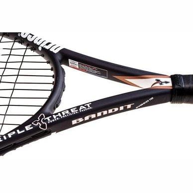 Here's a close-up of the Prince Bandit 110 Original 255g Tennis Racket, which incorporates Triple Threat Technology and is perfect for intermediate players. The black frame is adorned with white branding that reads "TRIPLE THREAT" and "BANDIT." It features neatly strung strings and a sleek black grip.