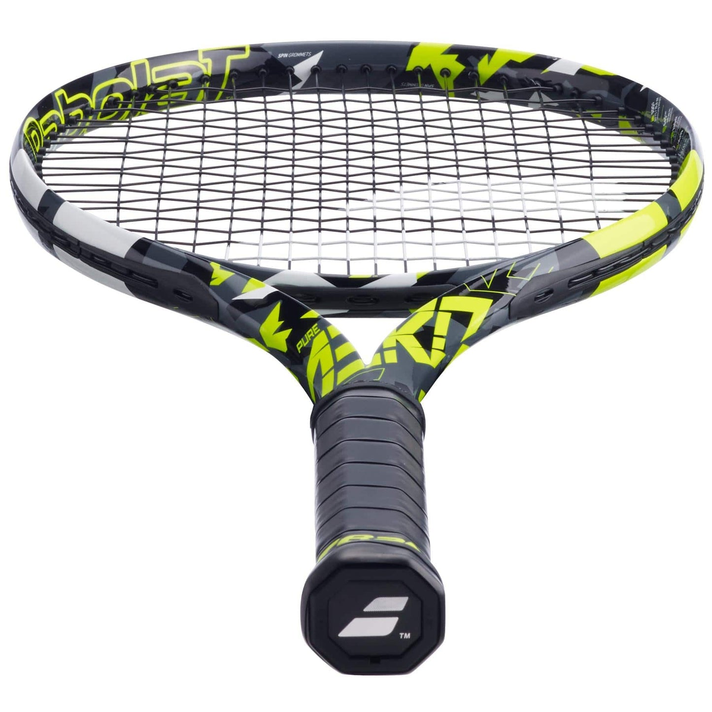 The Babolat Pure Aero + 2023 Tennis Racket, available in a sleek grey and yellow design, features the iconic brand logo on the handle cap. Its tightly woven strings and contemporary, angular frame transform it into a spin machine that offers both precision and style on the court.