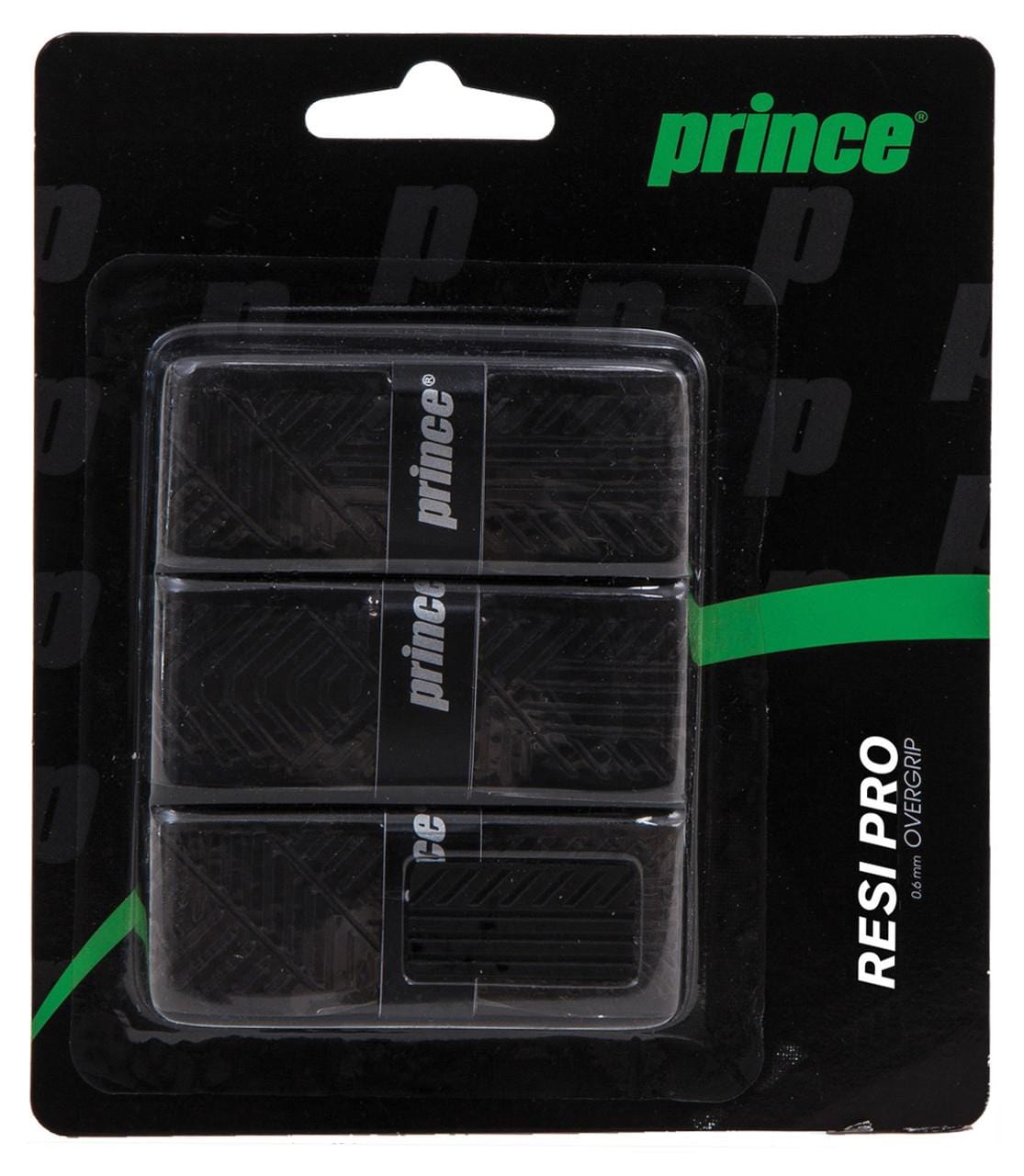A package of Prince Resi Pro Tennis Overgrip - Black - 3 Pack includes three black grips with the brand name Prince printed in white, offering an intense feel. The packaging is predominantly black with green and white accents, crafted for peak performance.