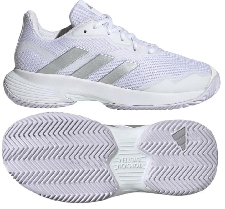 A pair of adidas Courtjam Control Women's Tennis Shoes in Cloud White with Silver Metallic detailing, featuring a side view of the top shoe that emphasizes the bounce cushioning, and the bottom shoe showcasing the hard court outsole design complete with the adidas branding.