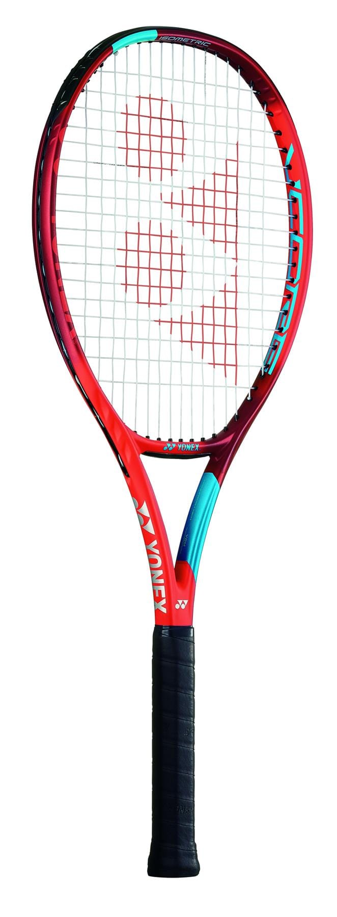 The Yonex VCORE Feel Tennis Racket in Tango Red features a black grip and white strings, adorned with the iconic Yonex logo. Its integrated Spin Technology elevates your game by delivering precise control.