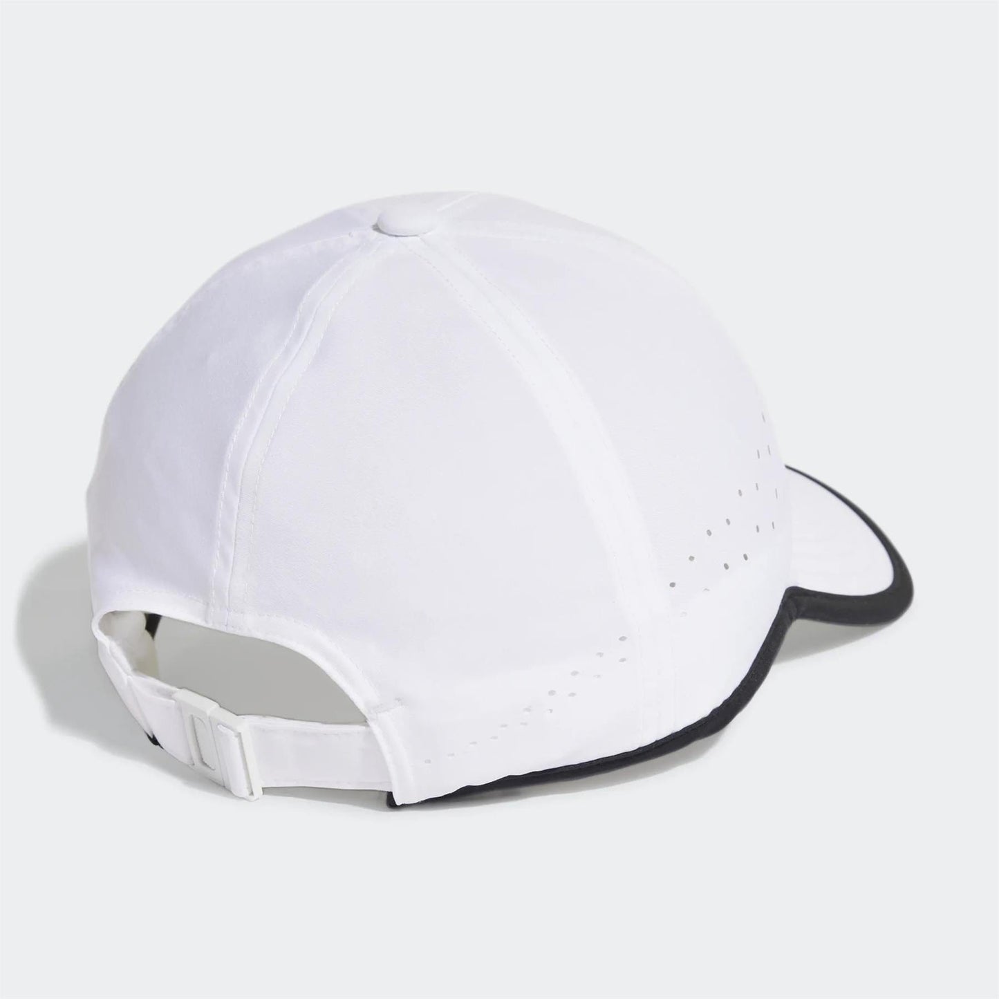 The adidas Aeroready Baseball Cap - White, with black trim and a curved brim, is displayed from the back. It features ventilation holes, an adjustable strap, and moisture-absorbing fabric made partly from Parley Ocean Plastic.