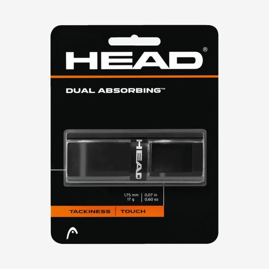 The HEAD Dual Absorbing Replacement Tennis Grip - Black comes in a chic black package accented with white and orange, showcasing its advanced absorption features. The packaging emphasizes "Tackiness" and "Touch," with the grip itself boldly displayed at the center.