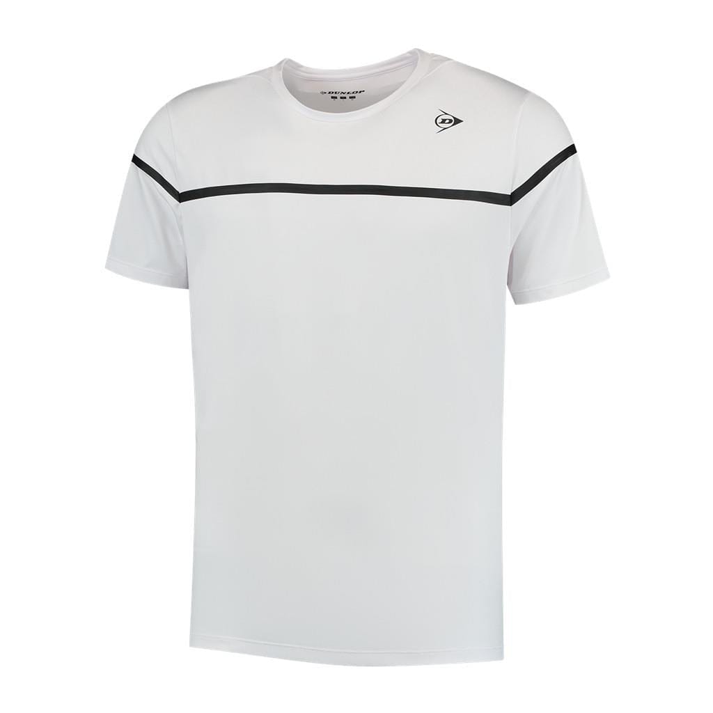 The Dunlop Performance Game 2 Men's Tennis T-Shirt in white features a plain design with short sleeves and a small logo on the left chest. It is enhanced by a thin black horizontal stripe across the upper chest and sleeves, crafted from moisture-absorbing materials for optimal comfort during intense matches.