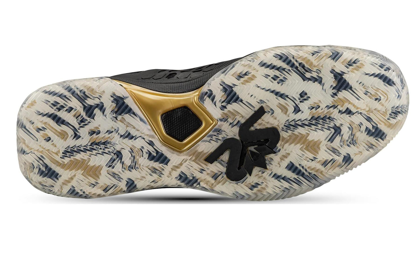 The image showcases the sole of the Salming Rebel Mens Indoor Court Shoe - Black / Gold, featuring a marbled pattern in beige, black, and white. It includes textured tread for improved grip and stability, with a shiny gold-colored accent near the heel that displays a stylized Salming logo.