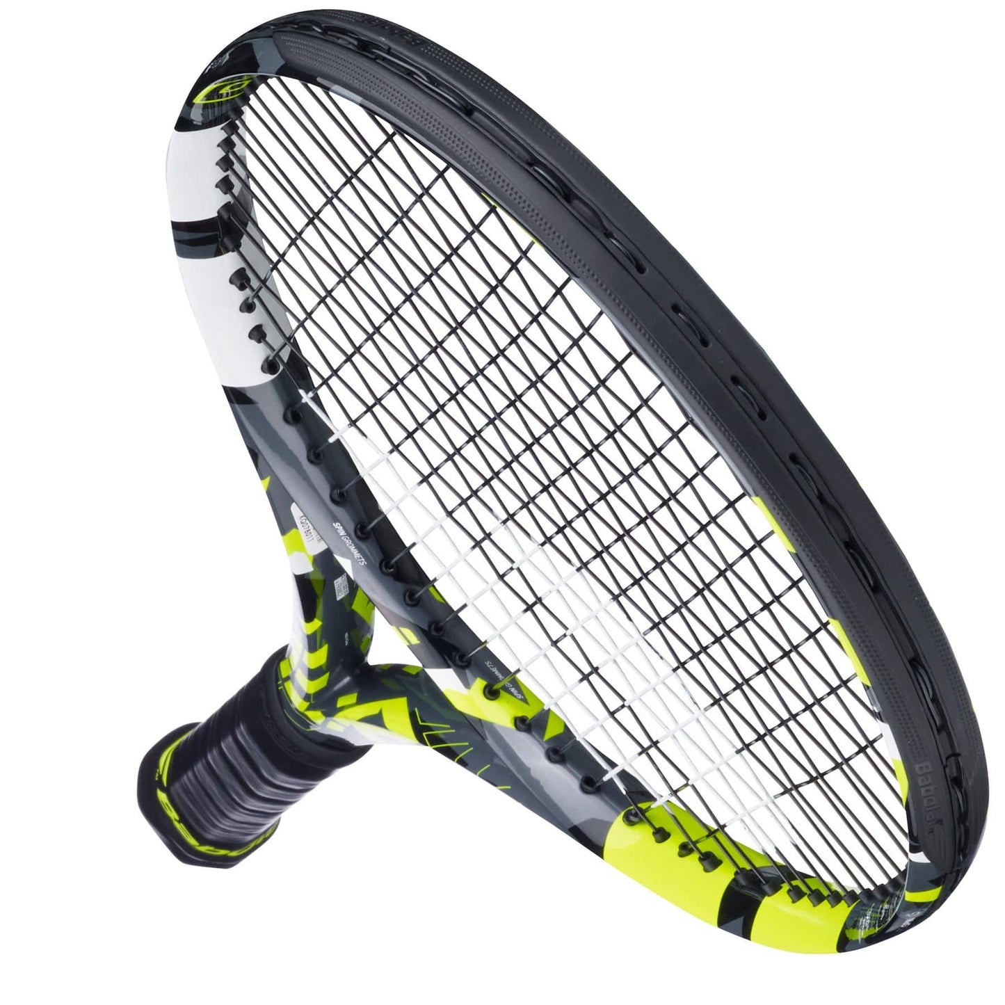 The Babolat Pure Aero + 2023 Tennis Racket by Babolat features a sleek grey and yellow design. Its strings are expertly strung to enhance spin, and the handle is wrapped in a black grip tape accented with yellow details, while the frame presents a striking dynamic pattern in white, black, and bright yellow.