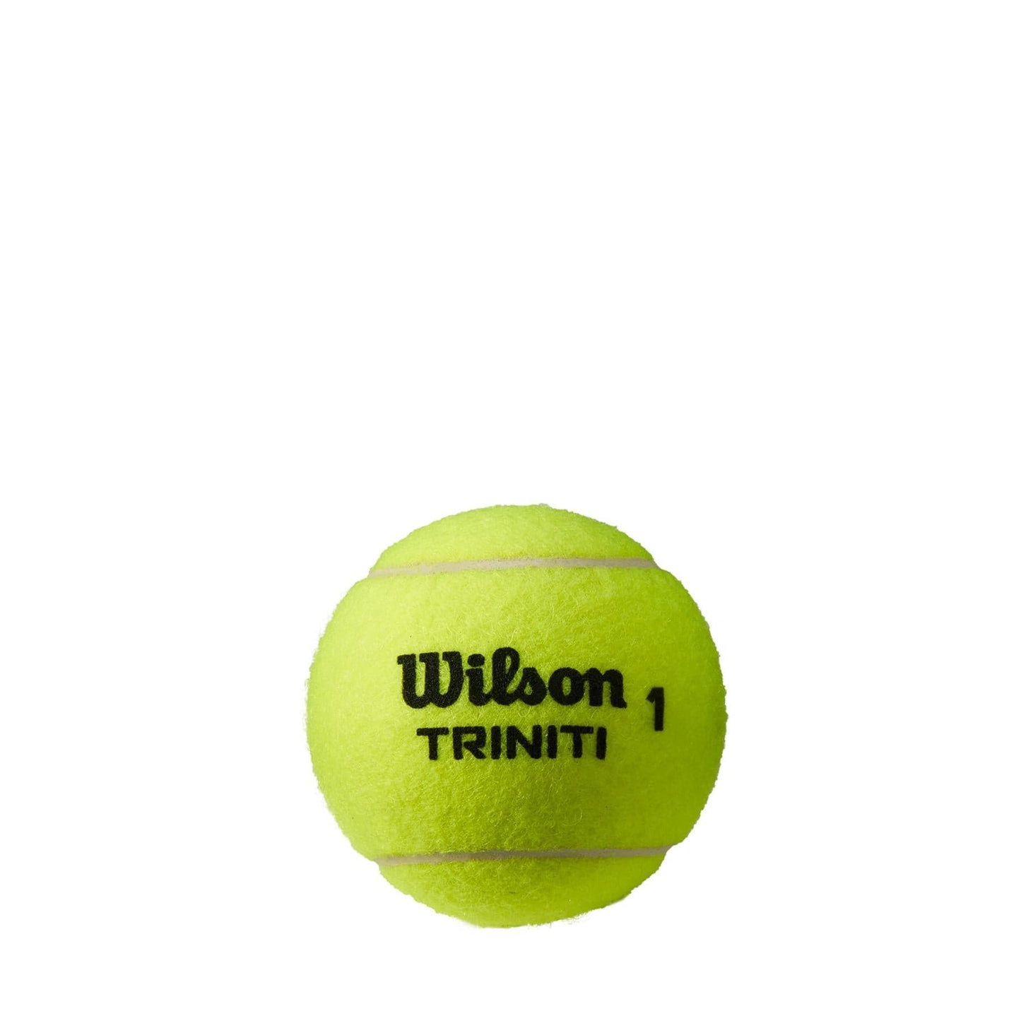 A vibrant yellow tennis ball with "Wilson Triniti 1" inscribed in black sits against a white backdrop. The Wilson Triniti Tennis Balls - 4 Ball Tube is recognized for its eco-friendly design, delivering performance while packaged in recyclable materials.