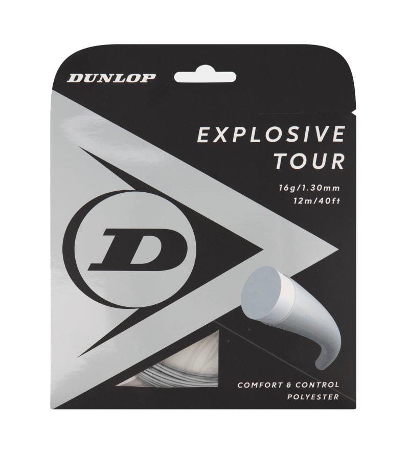 The packaging of the Dunlop Explosive Tour Tennis String 12m Set - Grey prominently displays the Dunlop logo along with details like "16g/1.30mm," "12m/40ft," and the phrase "Comfort & Control" against a stylish black and gray backdrop.
