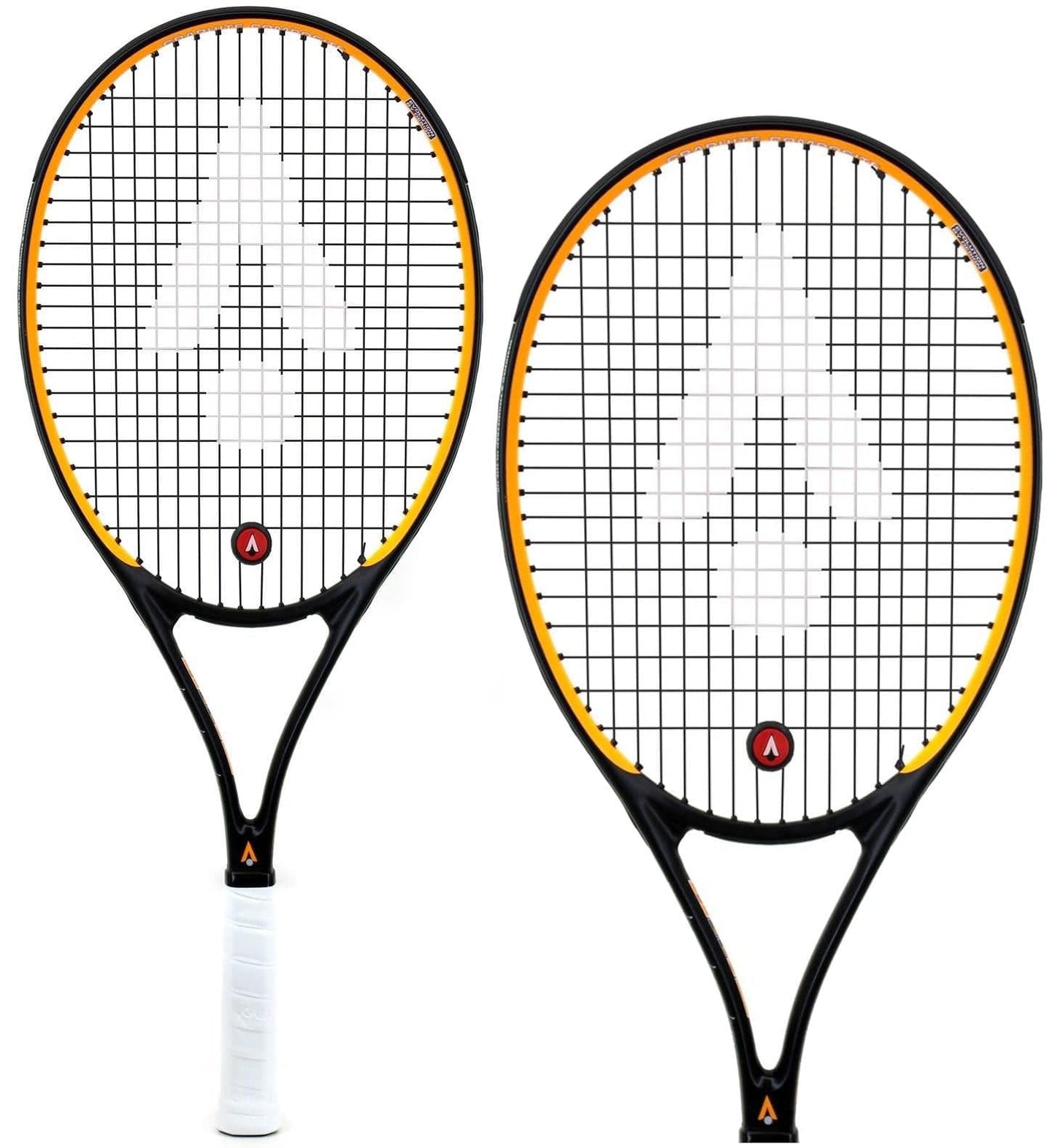 The Karakal Pro Composite 26 Junior Tennis Rackets are designed with black frames and yellow accents, offering enhanced power control through their graphite composite construction. Each racket showcases a white Karakal logo in the center of the strings and features handles wrapped in white grip tape, making them an ideal choice for junior tennis players.