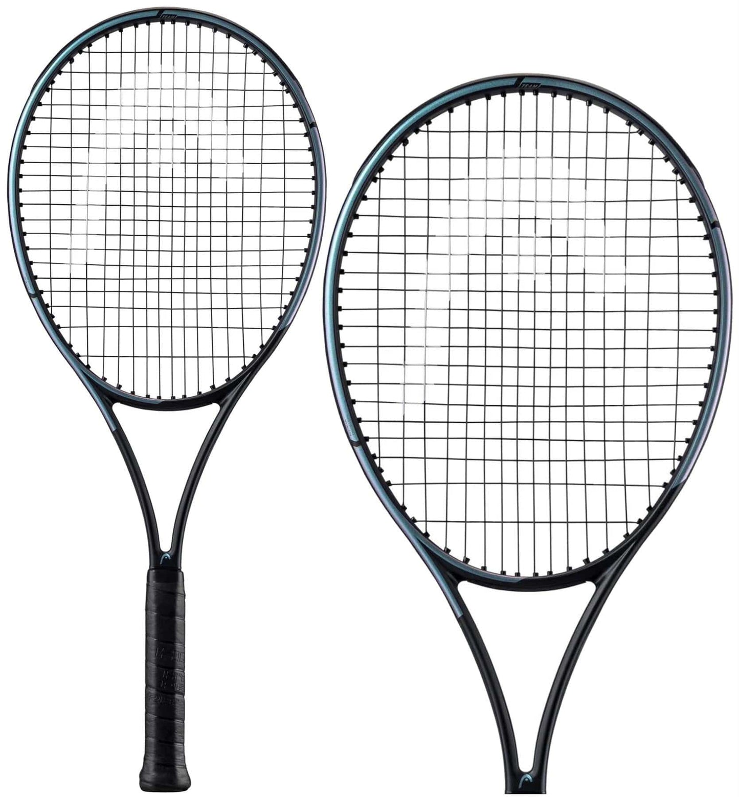 The image displays a pair of HEAD Gravity Team 2023 tennis rackets in black, both boasting tightly strung strings and a glossy finish. One racket is upright, while the other is angled slightly to reveal the side view. The focus is on their lightweight frames featuring innovative Auxetic technology.