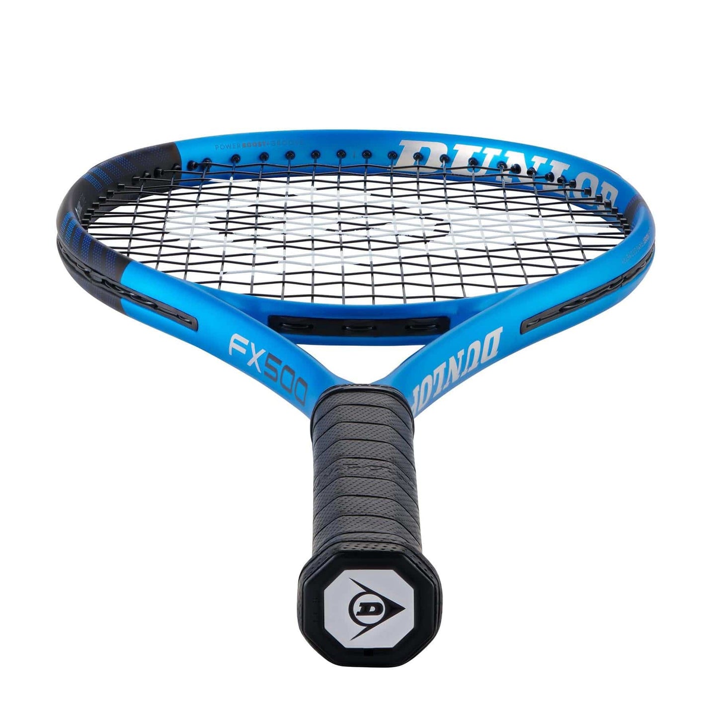 The Dunlop FX 500 2023 Tennis Racket - Blue / Black (Frame Only) showcases an elegant design with "FX 500" and "Dunlop" prominently displayed on its blue and black frame. It is equipped with a textured grip tape for precision, boasting tightly strung strings and a visible logo inside the frame to enhance its power-boosting capabilities.