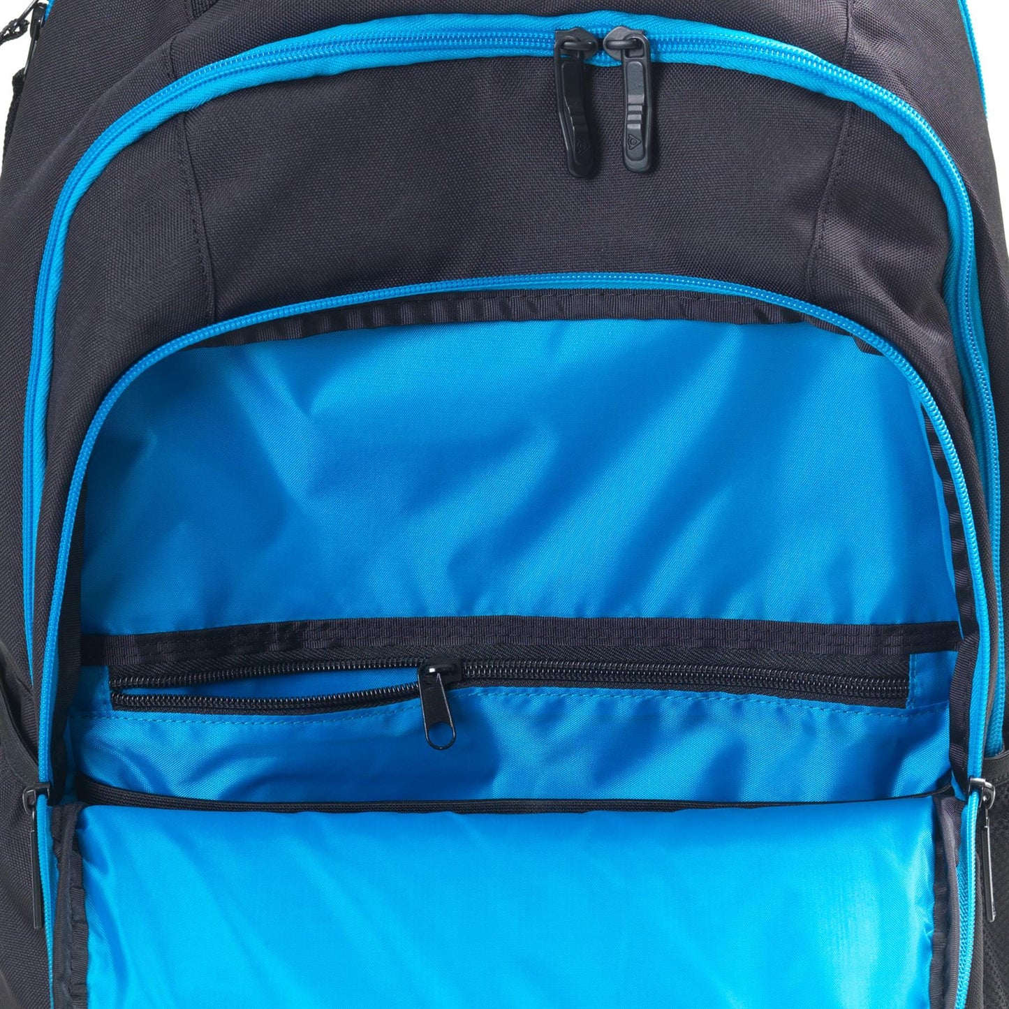 The Dunlop FX Performance Tennis Backpack in black and blue features a vibrant blue interior and opens up to reveal a spacious main compartment alongside a smaller zippered pocket. Equipped with two zipper pulls on the main opening, it's ideal for transporting your gear and includes a handy racket pocket specifically designed for easy Dunlop FX storage.