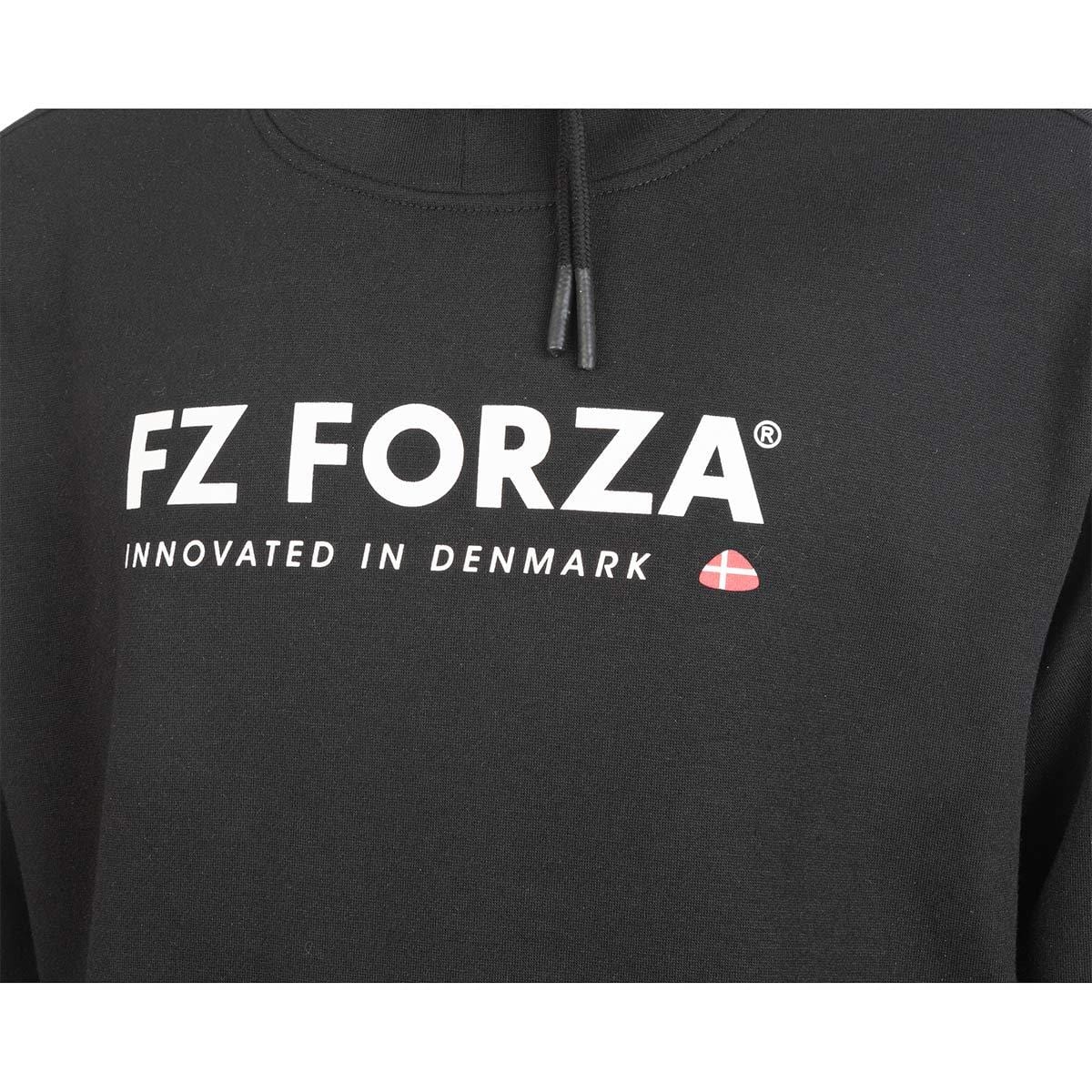 A close-up of the FZ Forza Boudan Men's Hoodie in black highlights the "FZ Forza" text with "Innovated in Denmark" beneath it, reflecting its premium quality ideal for light play on the court. A small Danish flag is prominently displayed to the right of the text.