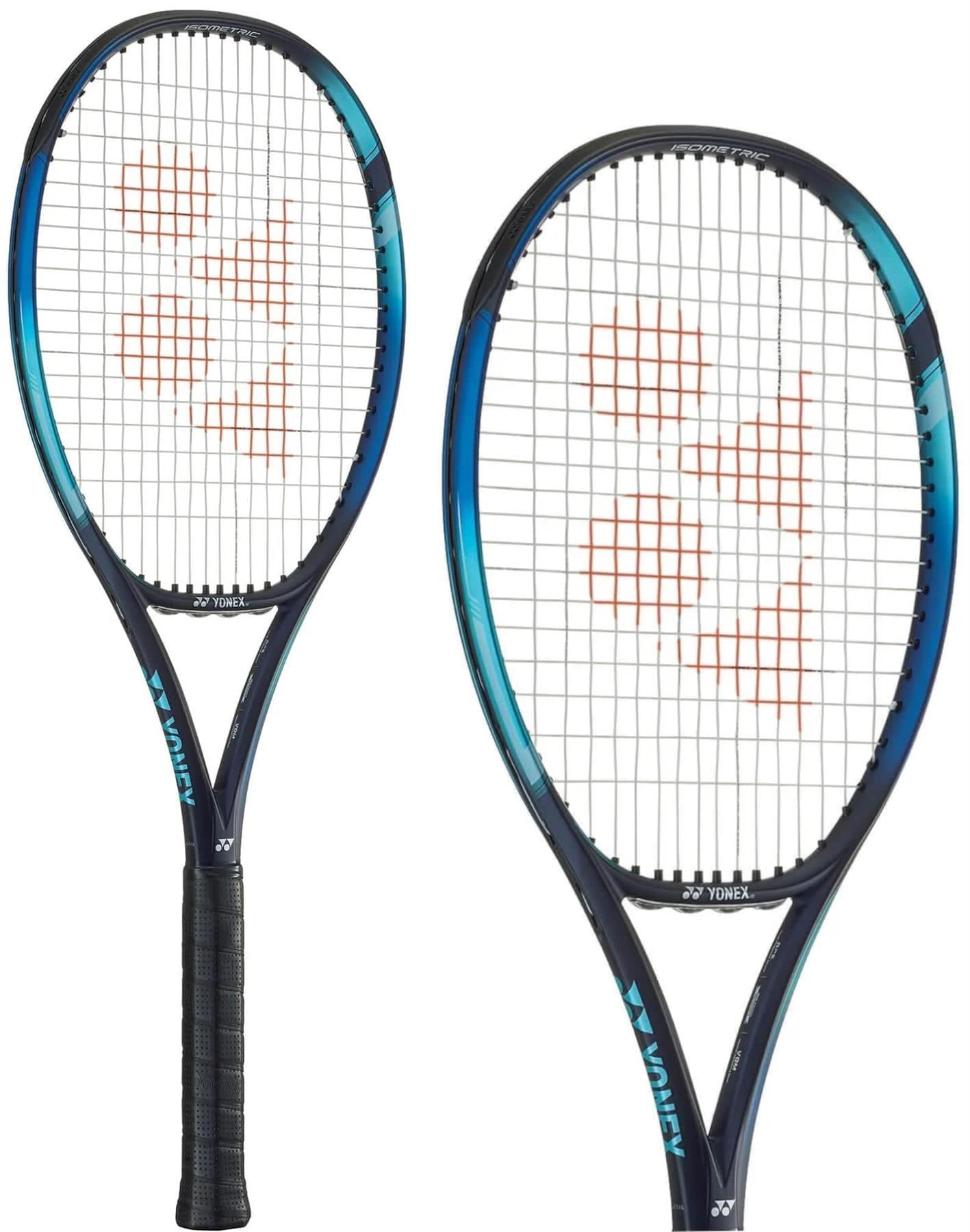 Two Yonex EZONE Game Tennis Rackets in Sky Blue are displayed. Designed for beginner and intermediate players, they feature a blue and black frame with white strings, adorned with the Yonex logo in orange. Positioned at different angles, these rackets highlight their Vibration Dampening Mesh for enhanced playability.