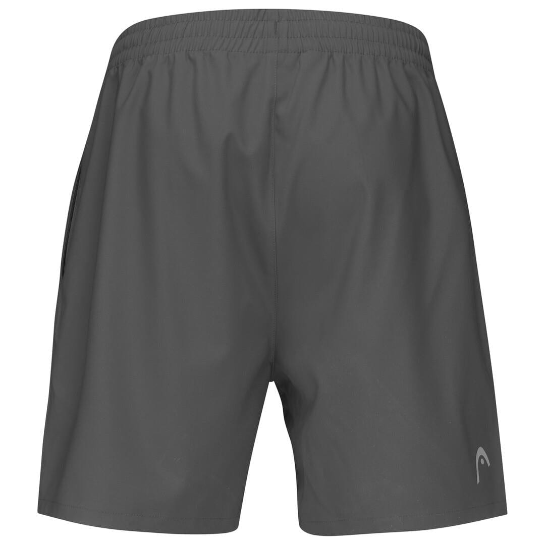 Introducing the HEAD Club Men's Tennis Shorts in Antracite Grey, featuring an elastic waistband. Designed by HEAD, these shorts boast a sleek look with a subtle logo on the lower right side. Made from lightweight material utilizing MXM Technology, they offer unparalleled comfort for athletic activities.