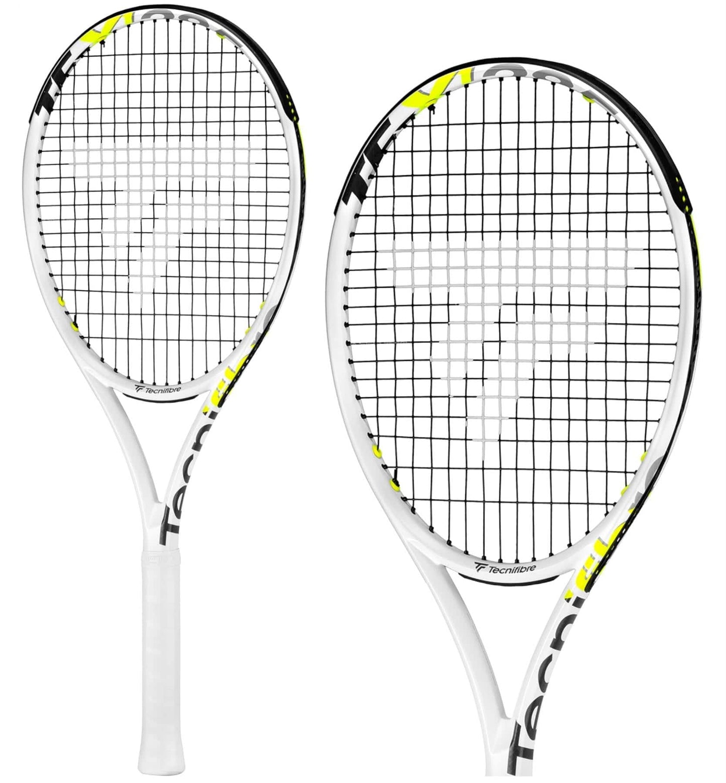 Displayed against a plain white background, two Tecnifibre TF-X1 285 tennis rackets in white with black and yellow accents promise power and stability. They feature a distinctive string pattern forming the brand's logo at the center and proudly showcase the Tecnifibre name on the frame, instantly catching every tennis enthusiast’s eye.