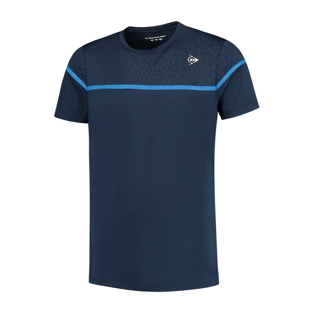 The Dunlop Performance Game 2 Men's Tennis T-Shirt in navy blue features short sleeves and a subtle pattern on the upper chest and shoulders. Made from lightweight, moisture-wicking fabric, it includes a light blue horizontal stripe across the chest and displays a small Dunlop logo on the left side.
