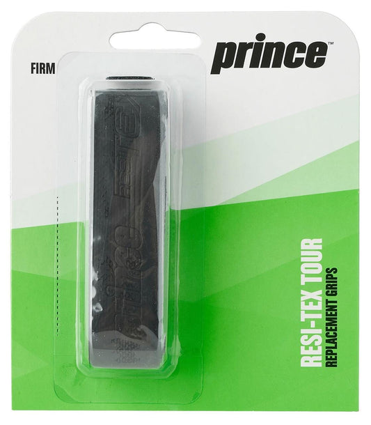 The packaging of the Prince ResiTex Tour Replacement Tennis Grip - Black displays the black grip in a clear plastic case. It features a gradient design in green and white, with "Prince" prominently displayed at the top and "Replacement Grips" at the bottom right, emphasizing its superior moisture absorption to enhance performance.