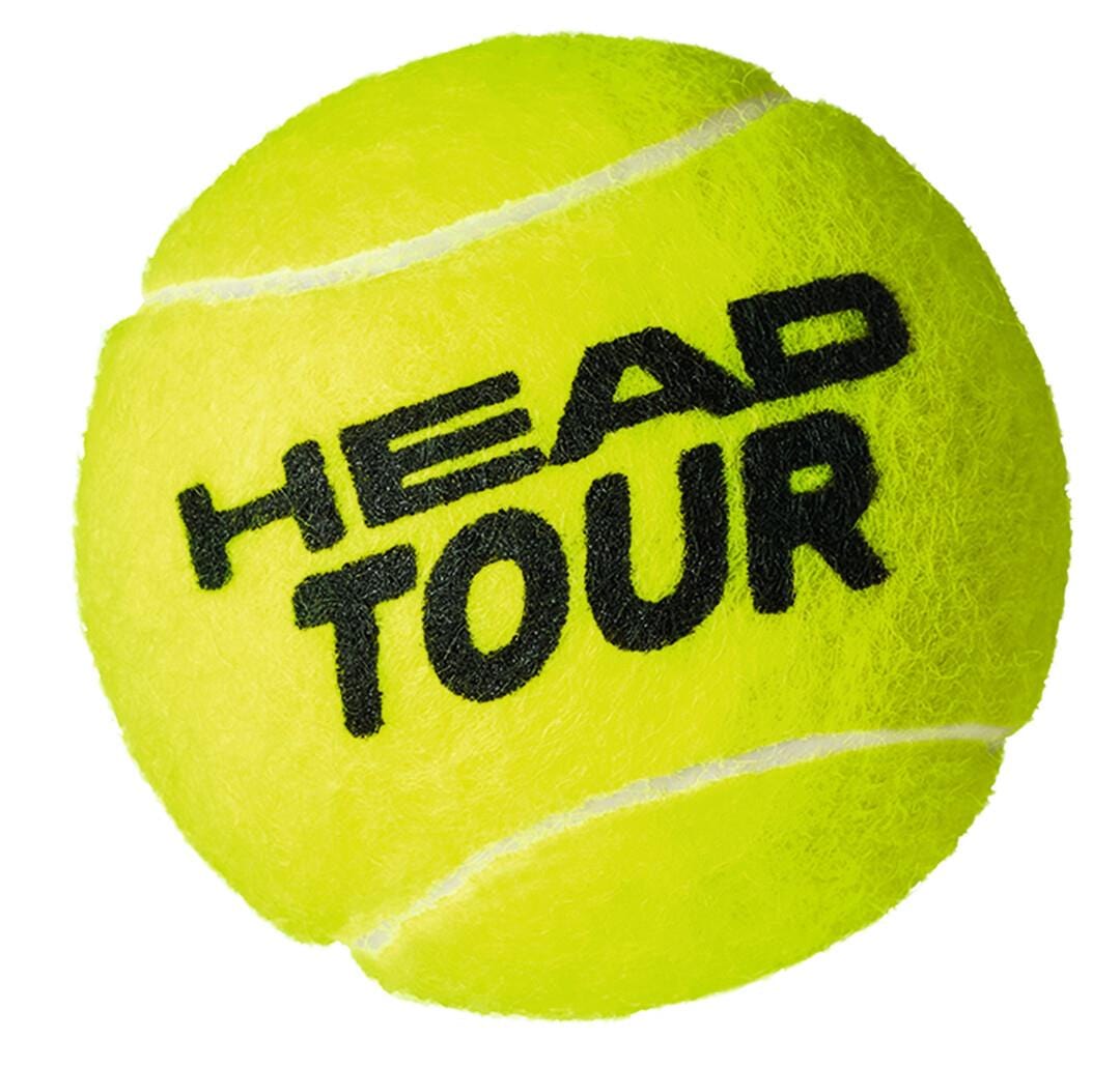 The HEAD Tour Tennis Balls, packaged in a 4-ball tube, are bright yellow and prominently display "HEAD TOUR" in bold black letters. These balls feature Dynamic (EN)Core technology and serve as the official tournament ball.