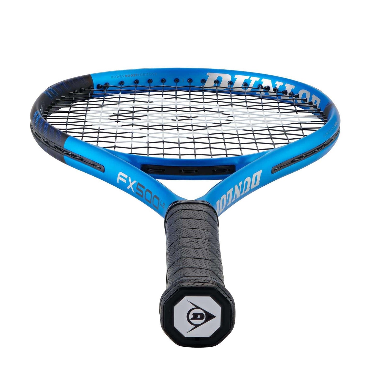 The Dunlop FX 500 LS 2023 tennis racket, with its striking blue and black frame, is perfect for advanced players. Featuring a textured grip and black strings, the brand name and model number are clearly displayed on the frame. Designed with the handle facing towards you, this racket delivers both power and precision.