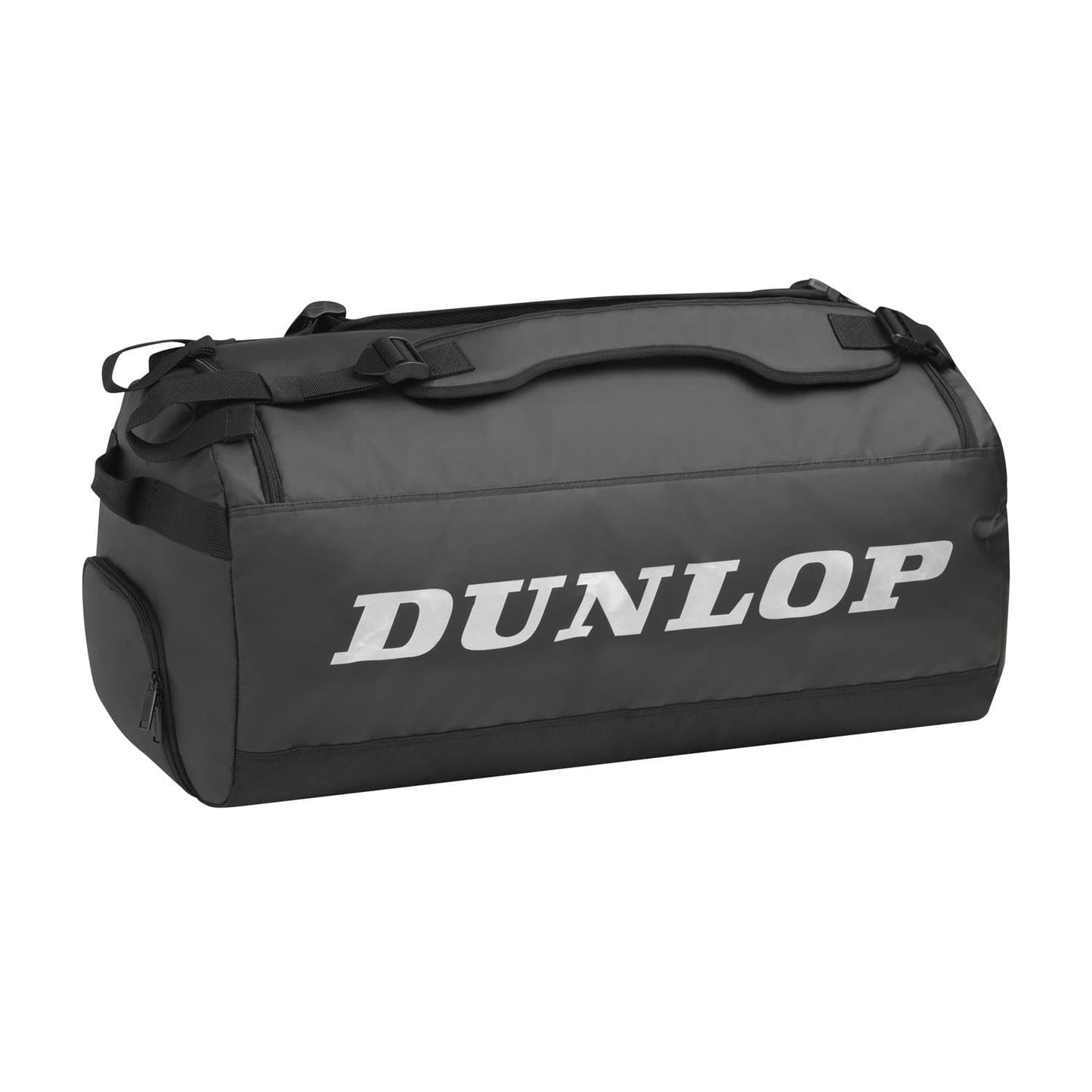 The Dunlop Pro Holdall Tennis Bag - Black is a stylish duffel specifically crafted for tennis enthusiasts. With its sleek black and gray design, it prominently features the "Dunlop" branding. The bag includes top and side handles, zippers on both ends, and ergonomic shoulder belts to ensure easy transport, making it an ideal choice for carrying your tennis gear in style.