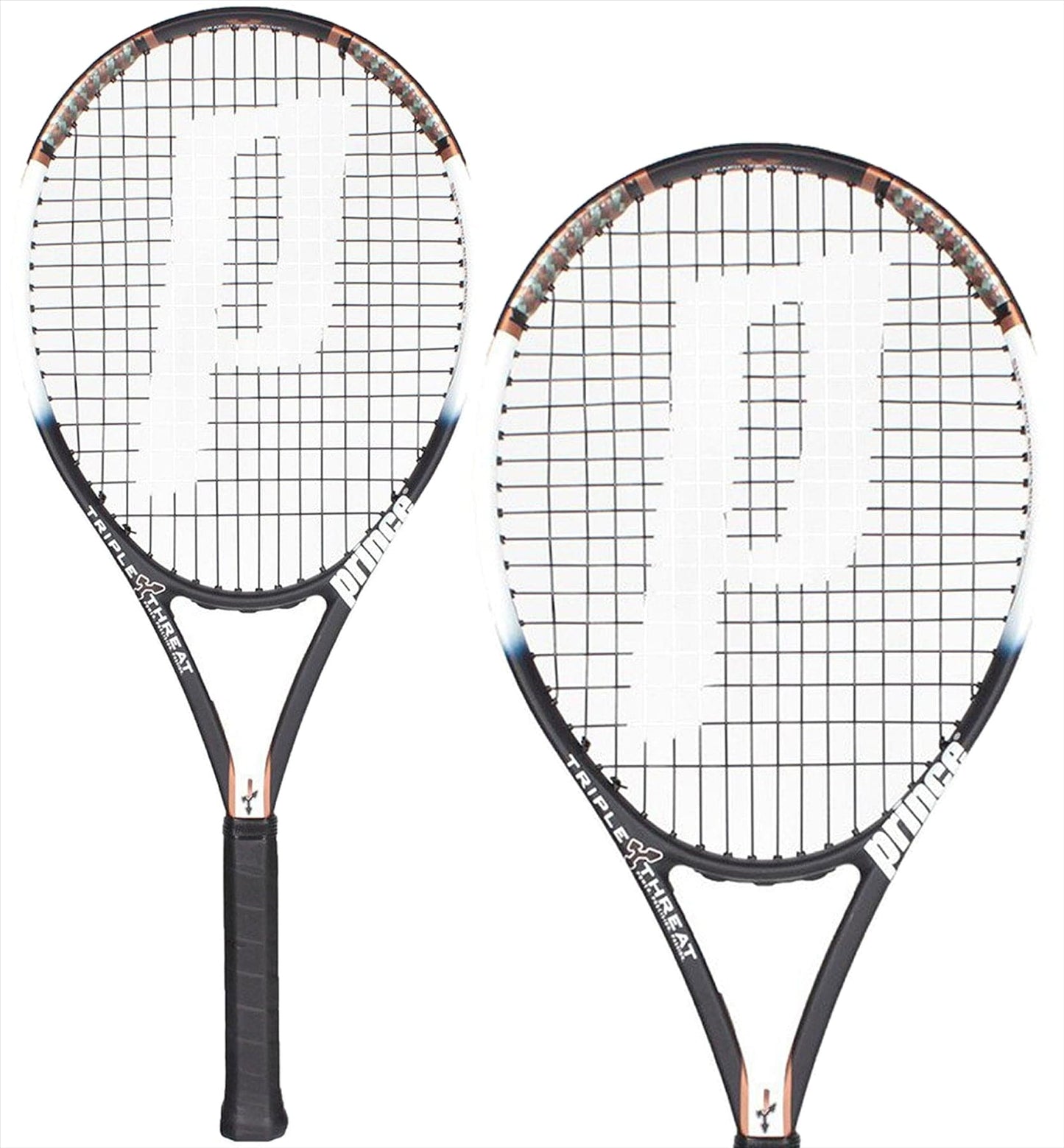 The Prince Bandit 110 Original 255g Tennis Rackets are ideal for intermediate players and feature a sleek design with lightweight black frames and white strings. The strings prominently display a large white "P" logo, while the black grips provide comfort. Enhanced performance is achieved through their Triple Threat Technology, with the brand name "Prince" visibly showcased on the side of the frames against a white background.