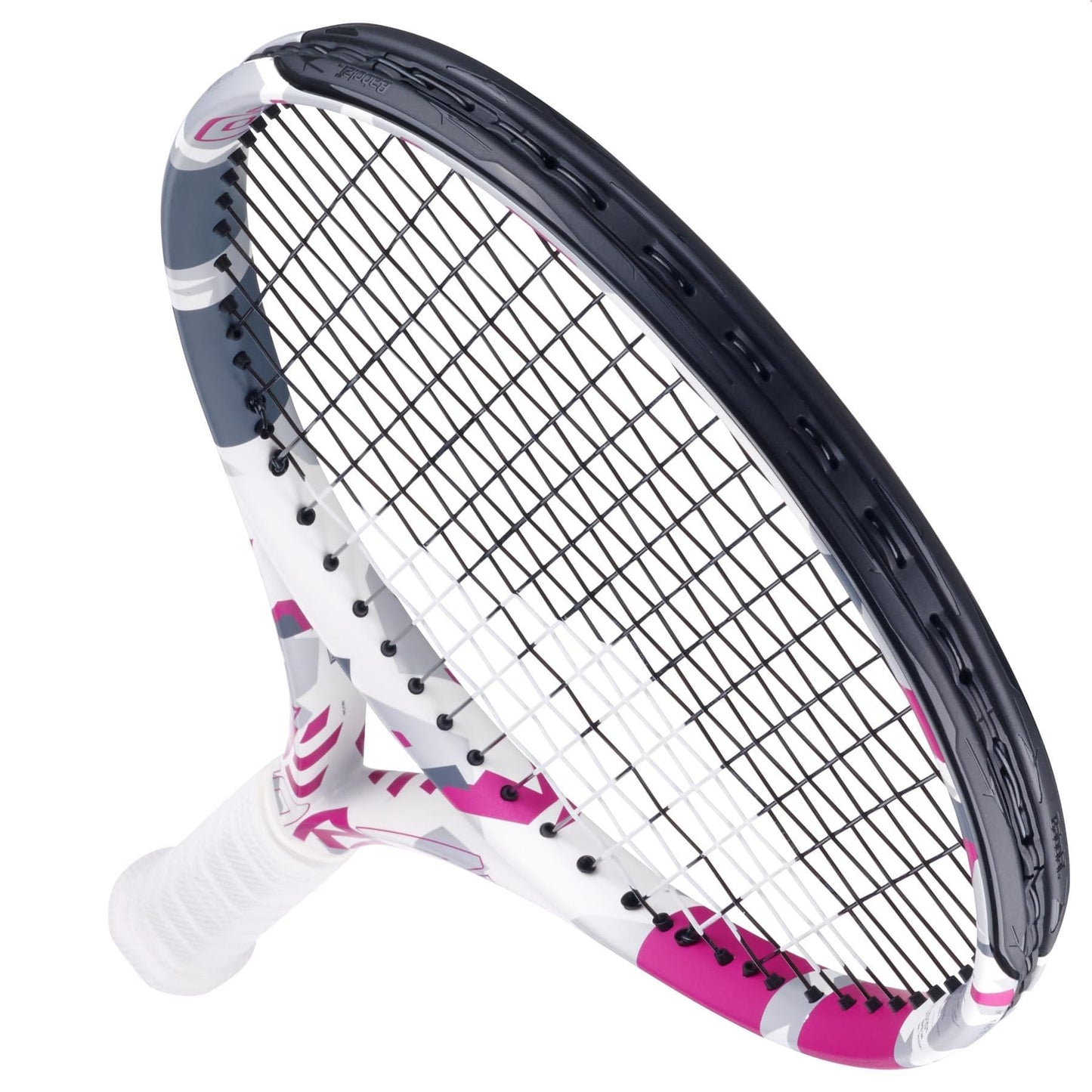 A close-up image of the Babolat EVO Aero Tennis Racket - Pink / White by Babolat showcases its white handle and a striking pink, gray, and white patterned frame. The tightly strung strings facilitate easy spin, while the contemporary design provides power and comfort.
