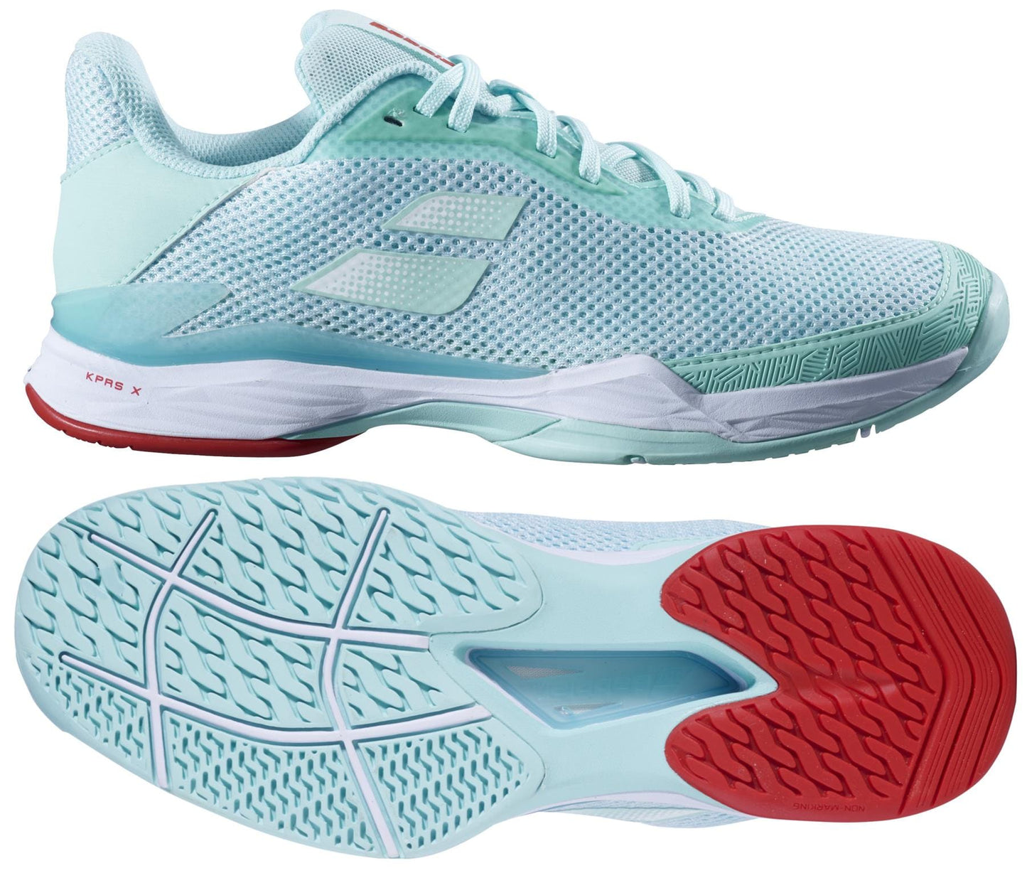 The Babolat Jet Tere All Court Women's Tennis Shoes in Yucca and White showcase a light blue mesh upper complemented by turquoise laces. The sole blends light blue and red with a textured grip pattern, featuring the KPRS-X system for improved support. The brand's logo enhances the sporty, modern design.