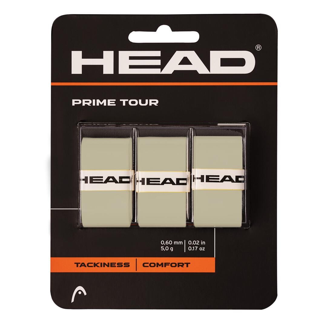 The packaging of the HEAD Prime Tour Tennis Overgrip (3 Pack) - Grey prominently features three rolls in a subtle grey tone, each adorned with the distinctive black HEAD logo. These overgrips offer outstanding tackiness and comfort, measuring just 0.60 mm in thickness and weighing 5.0 grams each, to enhance your tennis experience significantly.