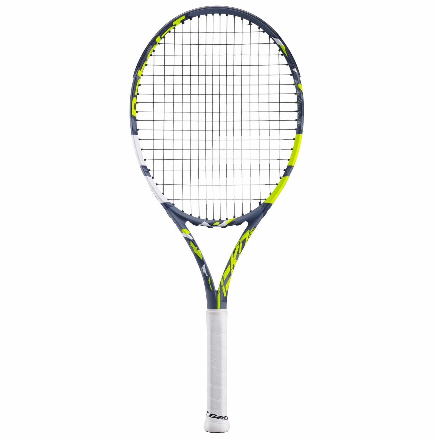 The Babolat Aero Junior 26 Tennis Racket, known for its eye-catching grey and yellow frame paired with a white grip, is showcased upright against a plain white background. Crafted by Babolat, this racket is strung and designed to provide optimal spin, making it an excellent choice for aspiring young athletes.