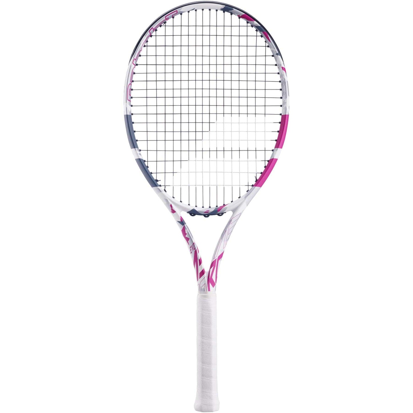 The Babolat EVO Aero Tennis Racket - Pink / White, by Babolat, features a sleek white frame with pink and blue accents that deliver both power and comfort. Its handle is wrapped in white grip tape, and the strings are arranged in a grid pattern across the oval-shaped head, facilitating easy spin with every shot.