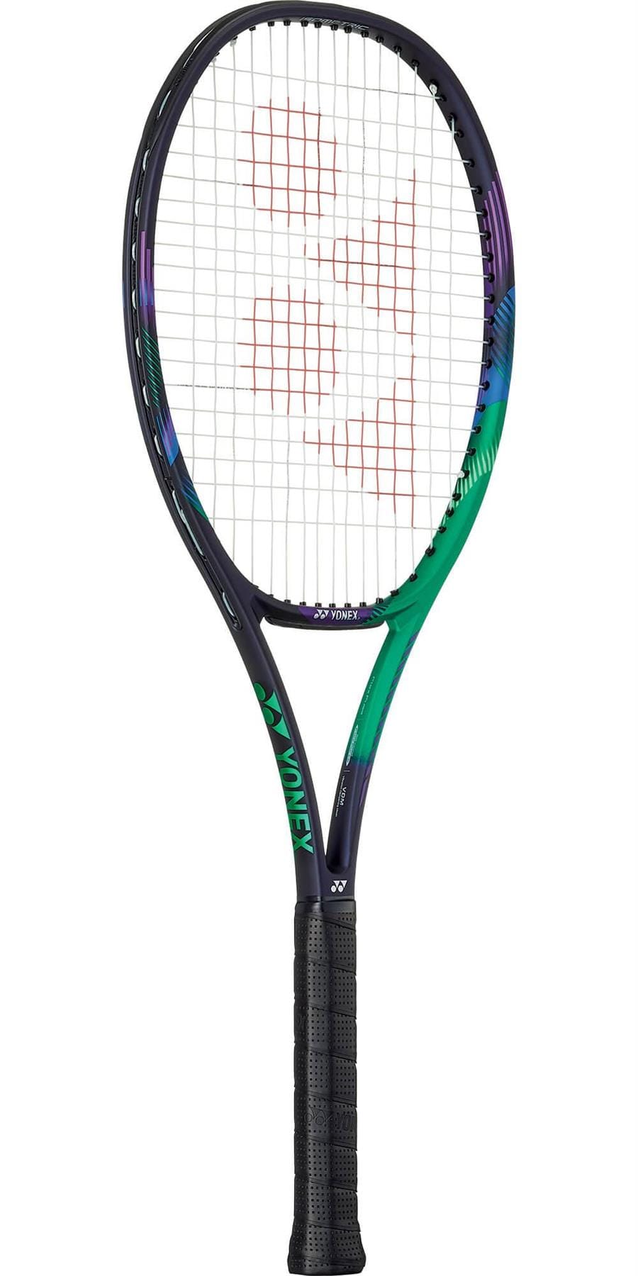 The Yonex VCORE Pro 97 Tennis Racket - Green / Purple is designed for advanced players with a vibrant frame in green, blue, and purple hues. The racket features strings that showcase a red logo at the center. It has a black grip, and the small Yonex brand name is placed near the handle.