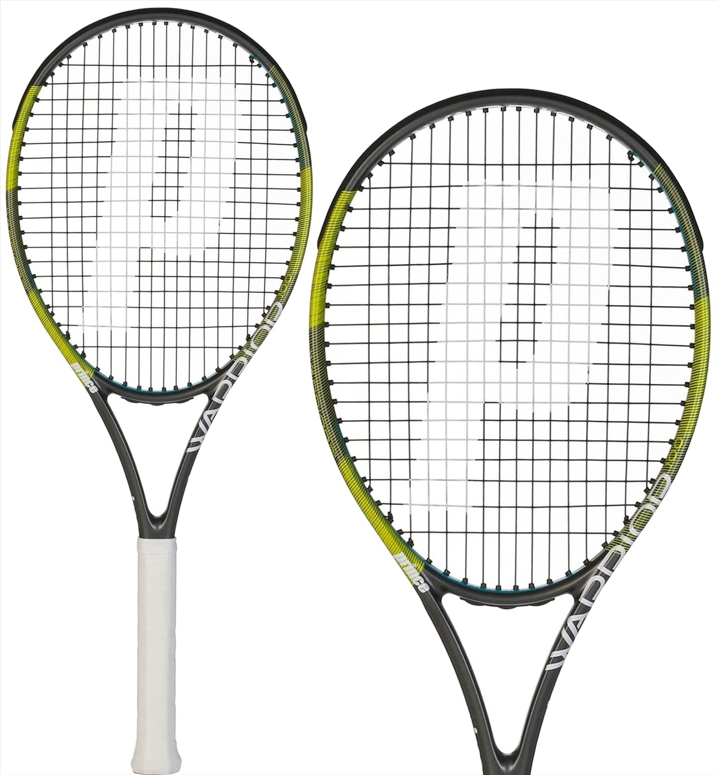 Two Prince Warrior 100 300g Tennis Rackets from Prince feature a black frame made of graphite, a white grip, and green accents on the head. They are displayed against a plain white background with a white logo on their strings, designed for enhanced baseline power.